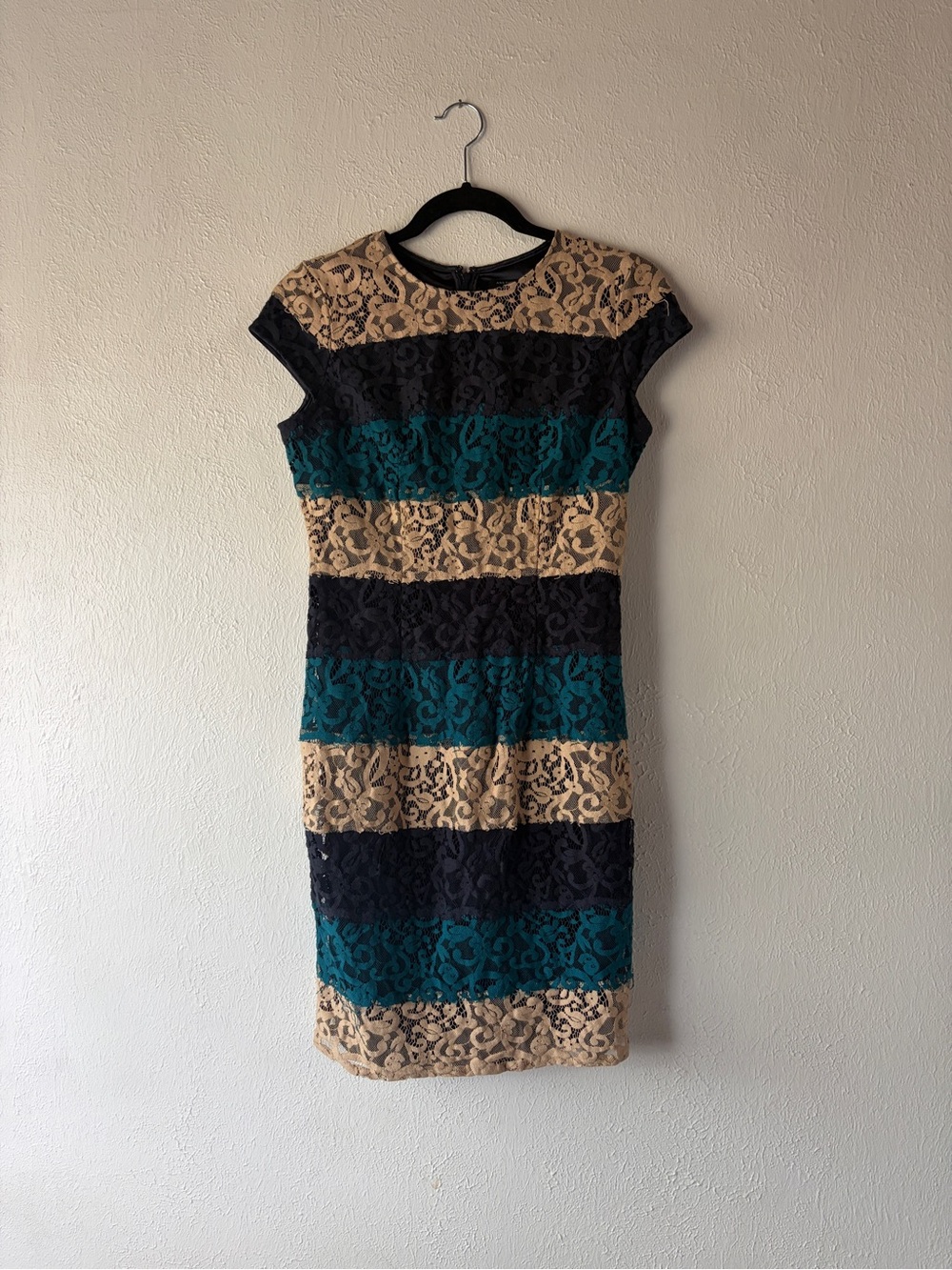 Ann Taylor Striped Lace Sheath Dress in Teal, Black & Beige